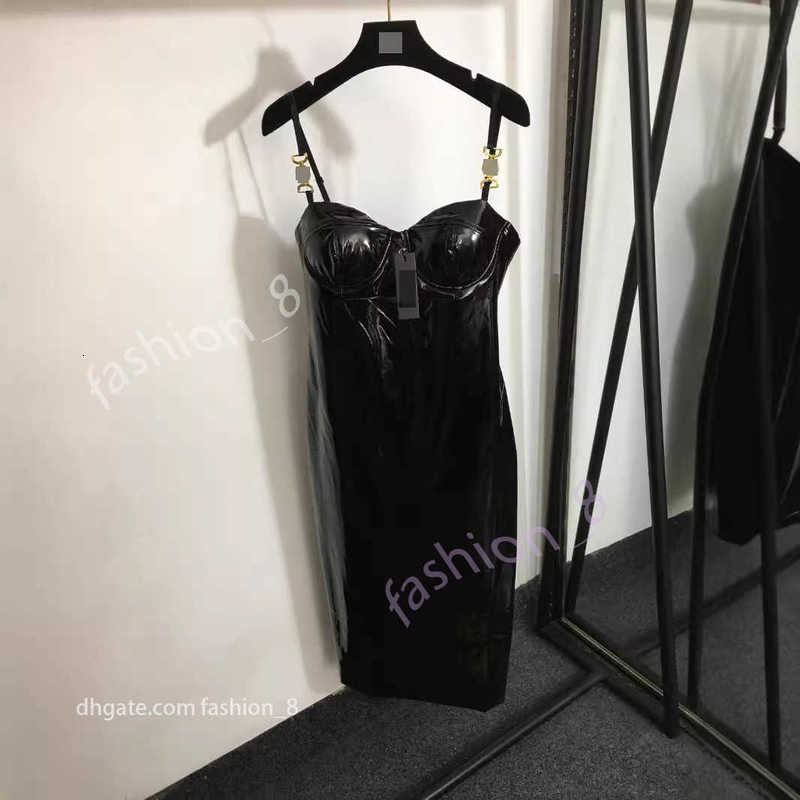 Designer Basic & Casual Dresses for women mirror quality 2025 temperament new Medusa portrait shoulder button PU shiny leather sexy strapless suspender dress