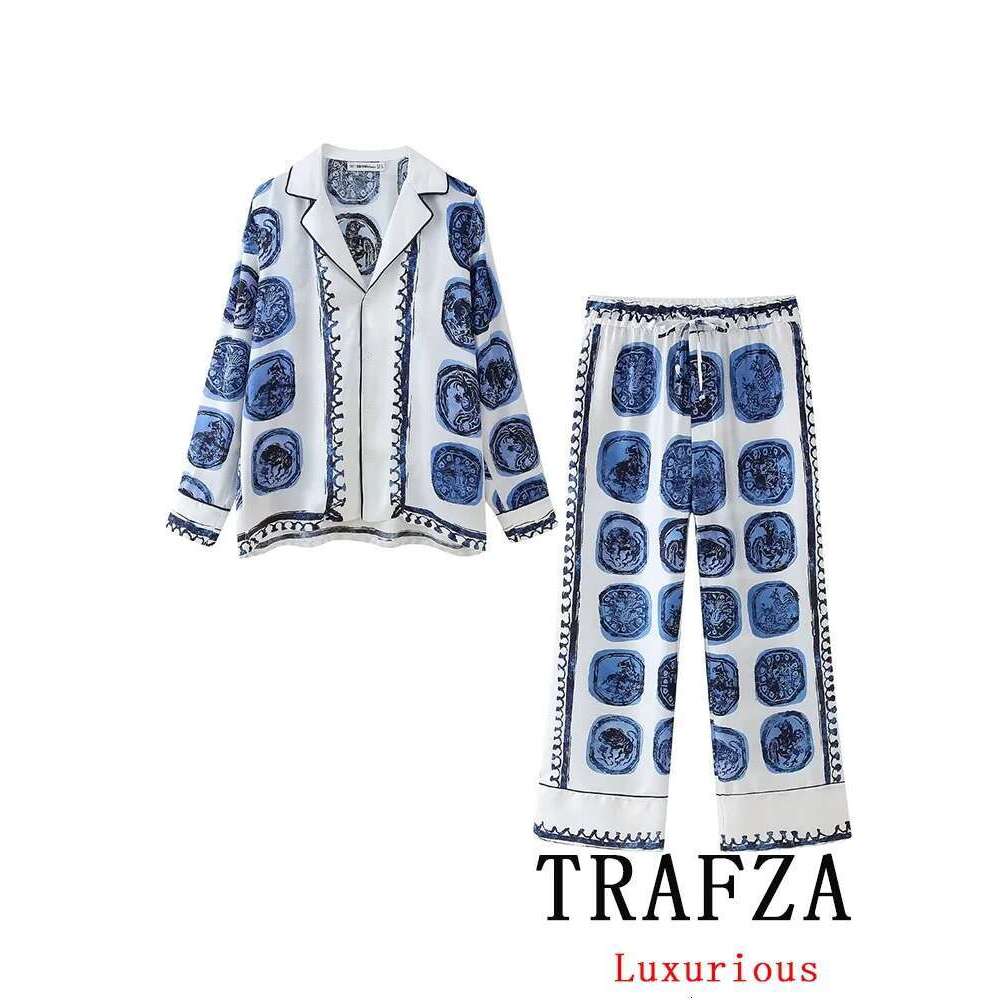 Designer Clothes TRAFZA Vintage Casual Print Suit Single Breasted V Neck Shirts+Loose Wide Leg Long Pants Fashion Autumn Women Sets