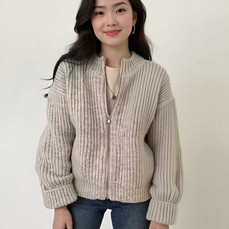 Autumn Elegant Cardigan Zipper Knitwear Winter New Womens Crew Neck Knitted Long sleeved Sweater Solid Color Casual TopT251125