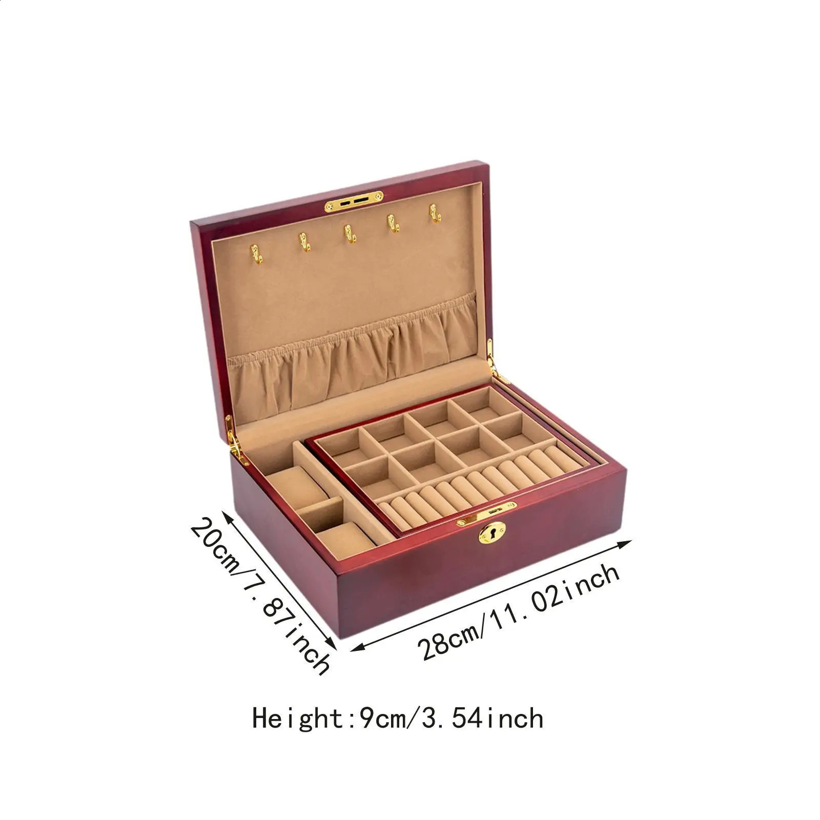 Wooden Jewelry Box with Lock and Key 2 Tier Lockable for Men Women Jewelry Display Case Trinket Box Organization Container 250424
