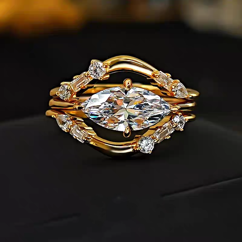 2025 Ins Top Sell 3Pcs Couple Ring Set Luxury Jewelry 100% Real 925 Sterling Silver Gold Marquise Cut White Moissanite Diamond Party Eternity Women We