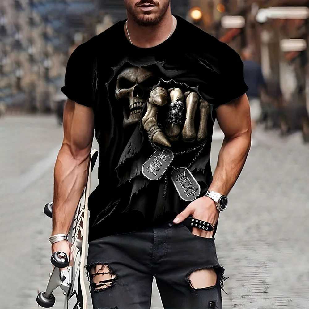 Mens horror skull print T-shirt 3D printed retro O-neck short sleeved fashionable oversized T-shirt mens summer streetwear W250425