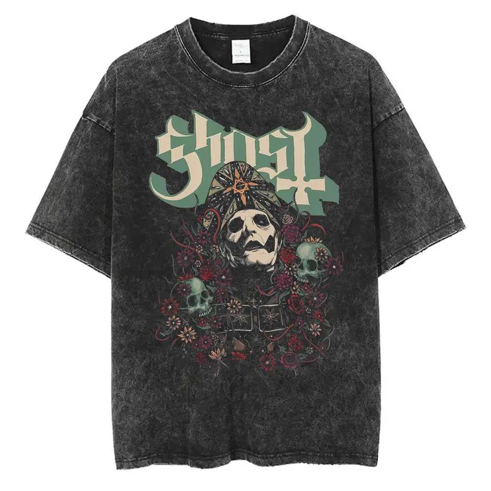 Ghost Band Graphic T-shirt Wash Retro Skeleton Rock Oversized Printed T-shirt Mens 90s Classic Gothic Punk Metal T-shirt W250425