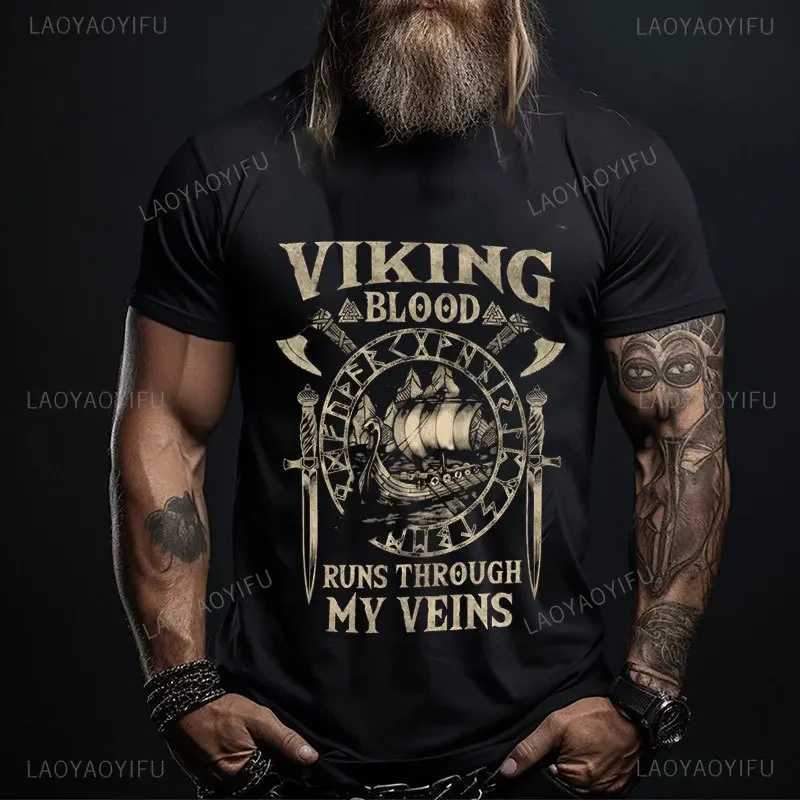 Viking Blood High Quality 100% Cotton Mens Short Sleeve Viking Legend T-shirt Retro Classic T-shirt Valhalla Odin Top W250425