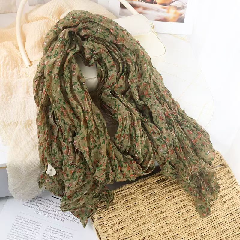 T545 small fresh natural small floral wrinkled cotton and linen texture scarf versatile silk scarf shawl autumn and winter fashion women's neck s