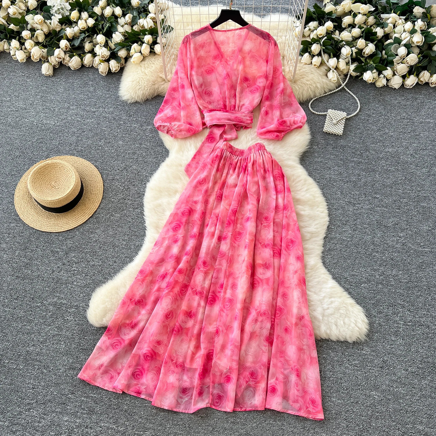 Elegant plaid sleep chiffon beach vacation vest dress ultra-thin womens evening dress party summer clothing two-piece set 250422