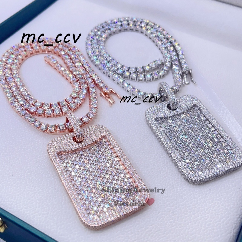 White Gold Rose Gold Hip Hop Iced Out VVS Moissanite Diamond Baguette Dog Tag Pendant