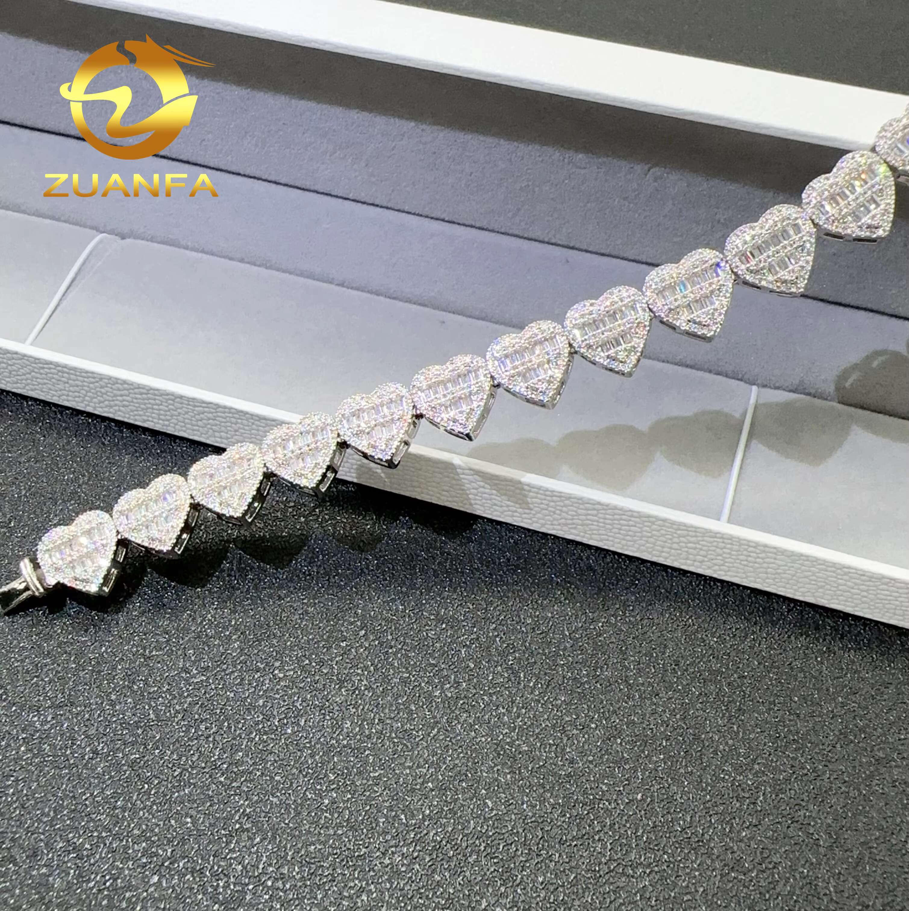 Hip Hop Bracelet Heart Shape Baguette Cut S925 Silver VVS Moissanite Diamond Iced Out Cuban Chain Bracelet