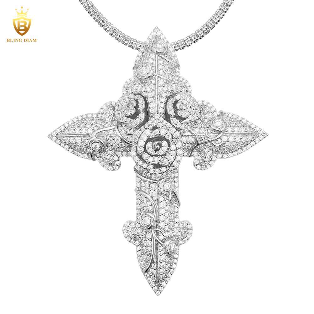 In Stock Fashion Hip Hop Jewelry Rose Flower Cross Pendant Necklace VVS Moissanite 925 Sterling Silver