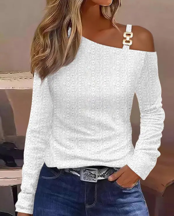 2023 Autumn Simple Metal Buckle Oblique Shoulder Collar Shirt Womens Wear