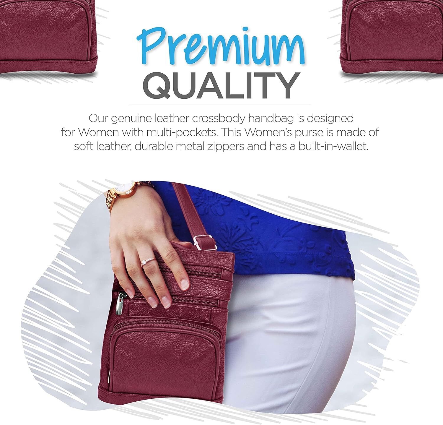 Leather Purses For Women, Multi Pocket Crossbody With Adjustable Strap, Soft & Durable Leather Purse