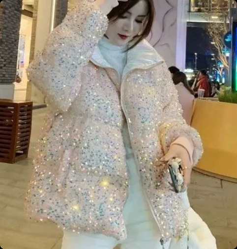 Sparkly Womens Sequin Puffer Jacket Oversize Cropped Stand Collar ZipUp Party Coat Fashion High Street Female Winter Outerwear 251031