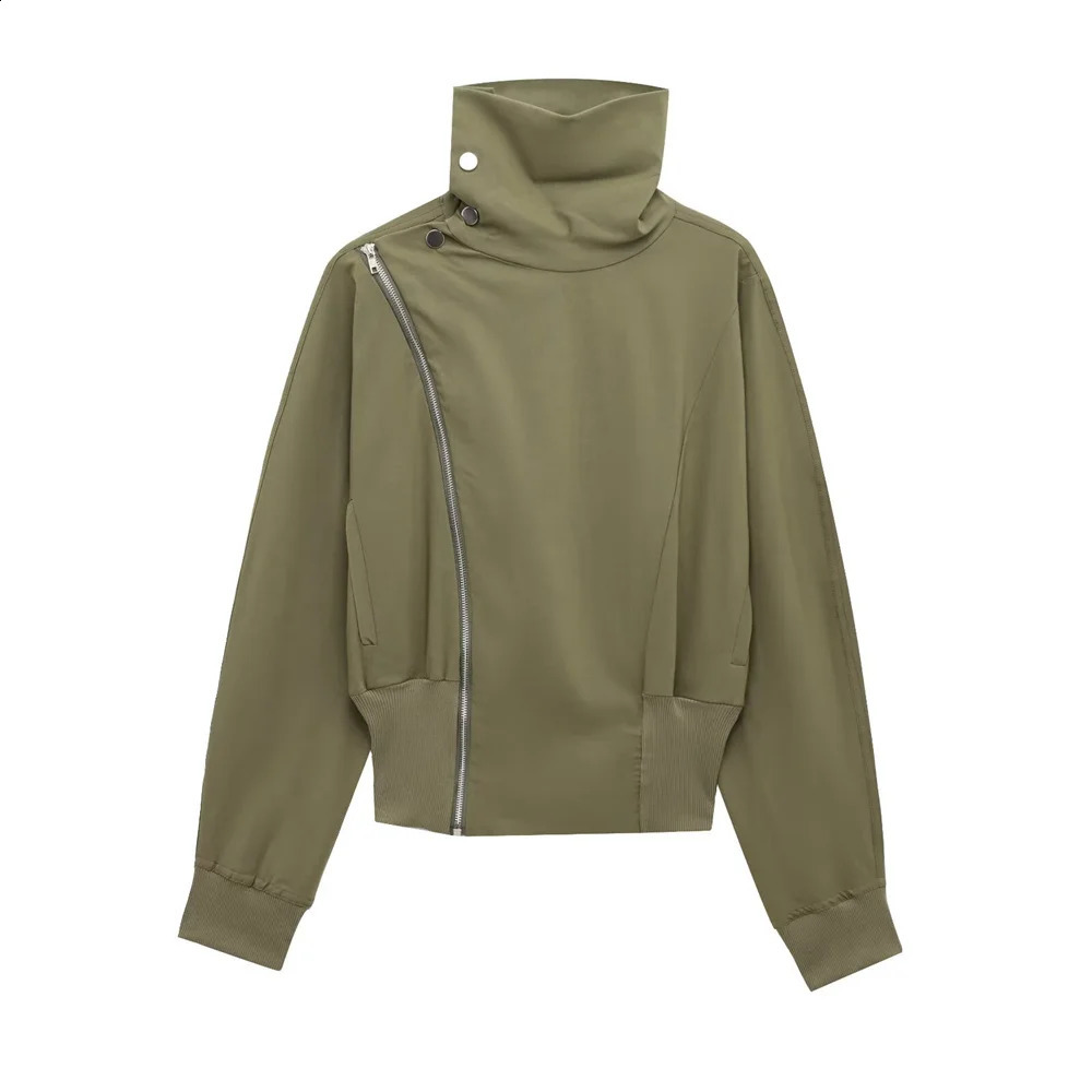 PB ZA 2025 Womens Fashion Olive Green Set Denim Neck Asymmetric Zipper Jacket Elastic Waist Wide Leg Cargo Pants 250414Z