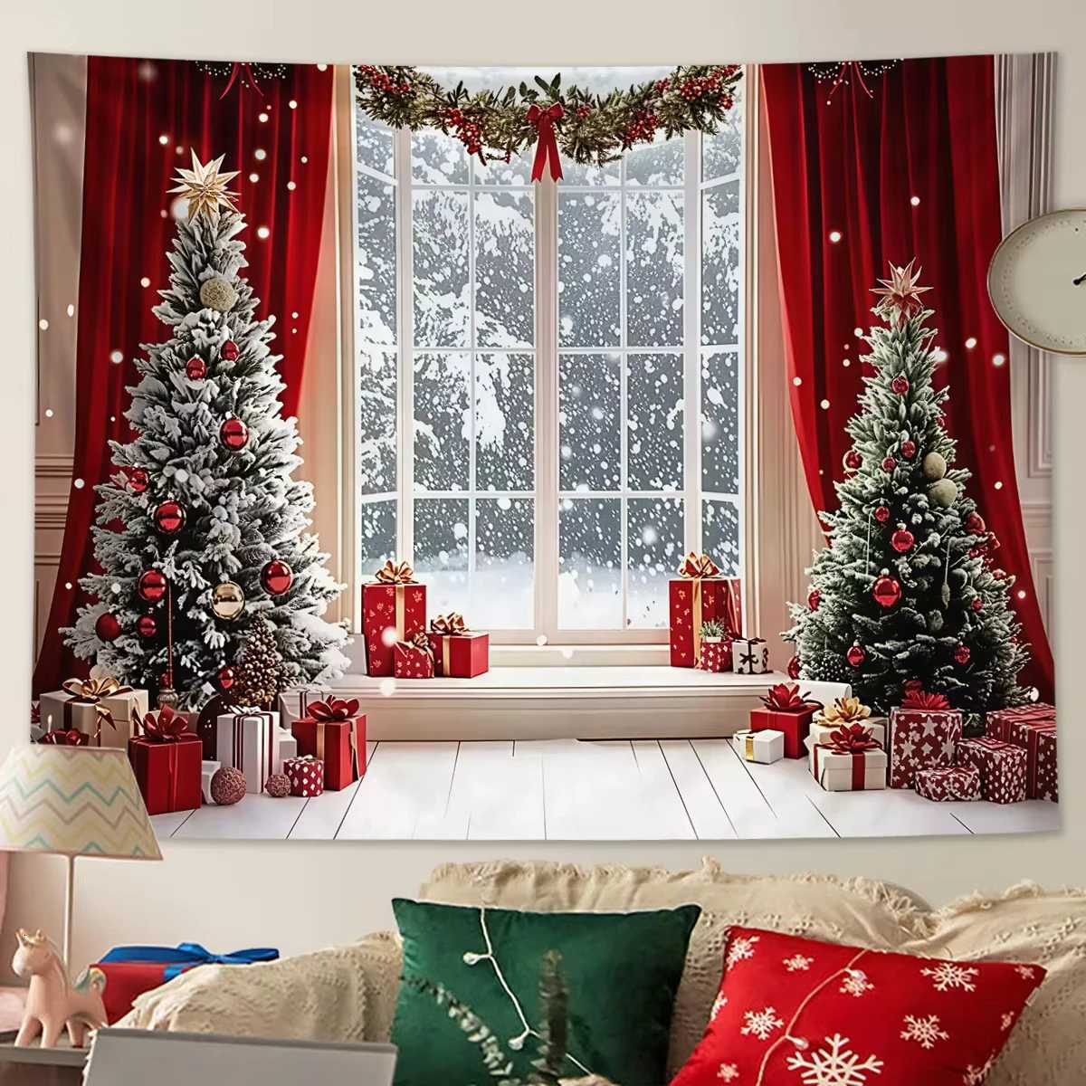 Christmas tree window tapestryChristmas background decorationhighdefinition printingfor room decorationdurable polyester giftM251125