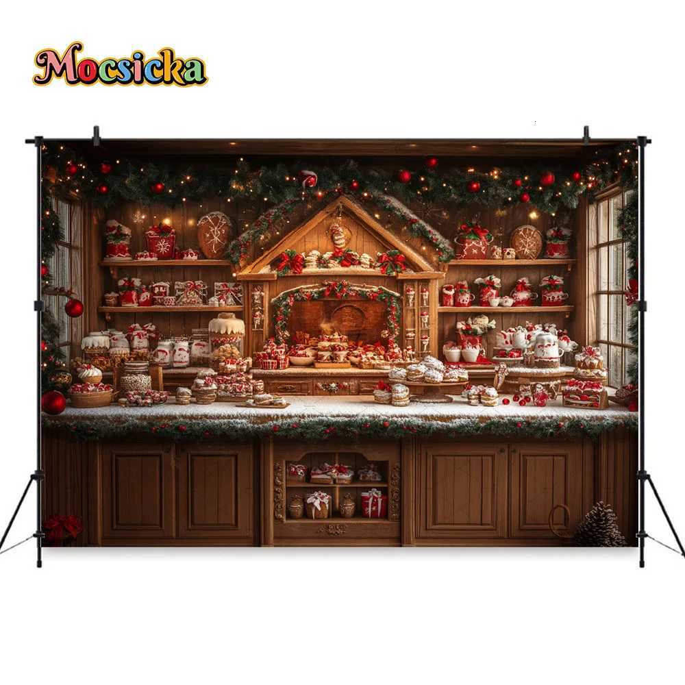 Brown Gingerbread Kitchen Background Photography Christmas Tree Wreath Cabinet Backdrop Winter Kids Family Birthday Photo StudioM251125