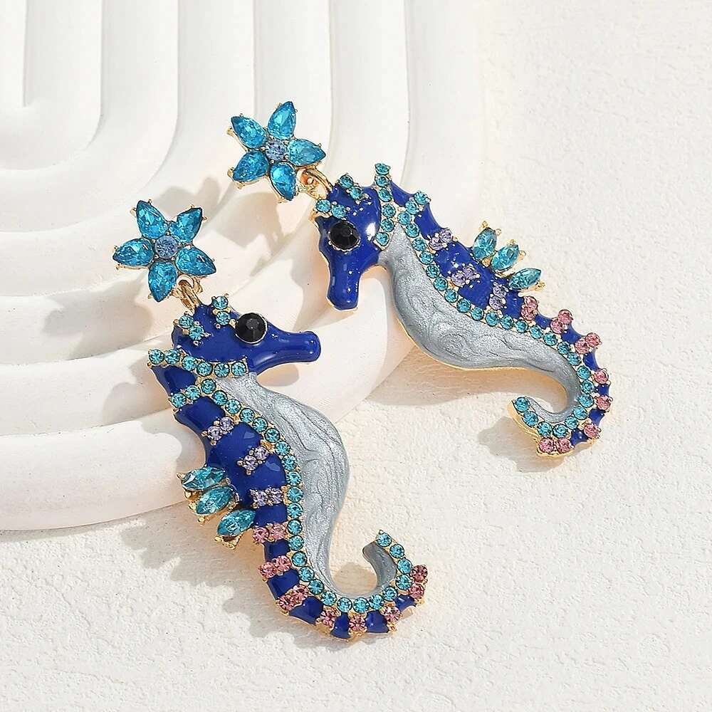 Vedawas Cute Metal Blue Black Crystal Seahorse Drop For Woman Funny Creative Marine Animal Earrings Personality Jewelry
