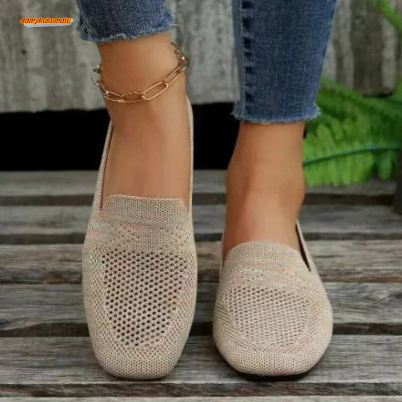 Solid Color Square Toe Mesh Loafers Shallow Women Soft Bottom Knit Ballet Flats Casual Slip on Boat Shoes 2024 ddmykukumalu