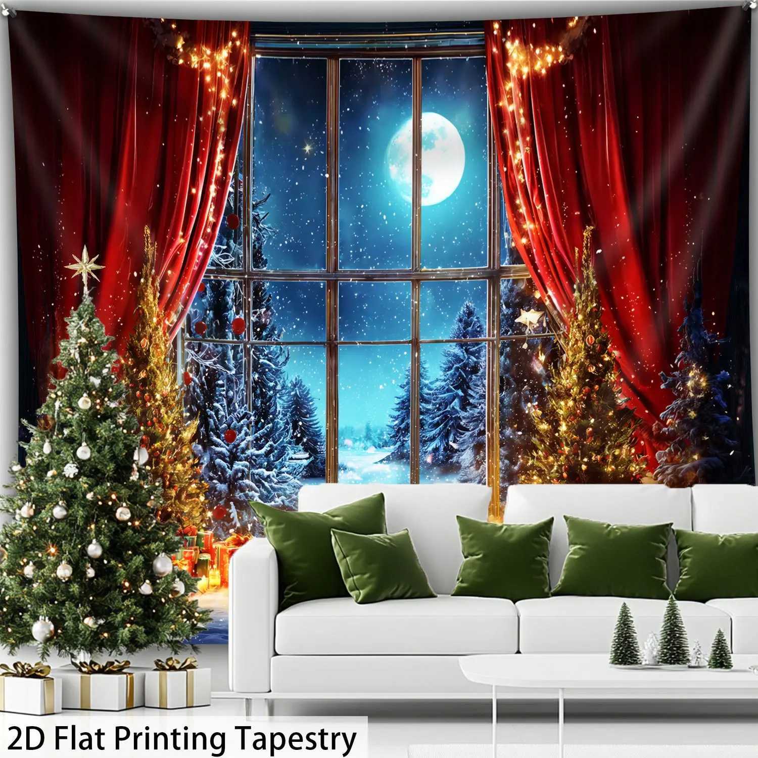 Winter Snow Window Tapestry Red Gold Christmas Tree with Twinkling LightsFestive Wall Art for Bay Window and Living Room DecorM251125