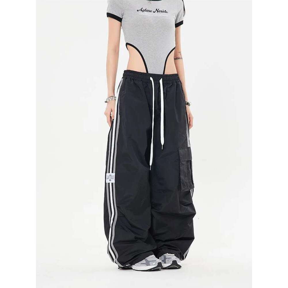 Y2k Kpop Cargo Pant Women Drawstring Pockets Wide Leg Chic Punk Pants Baggy Striped Sports Sweatpants Parachute Jogger Trousers