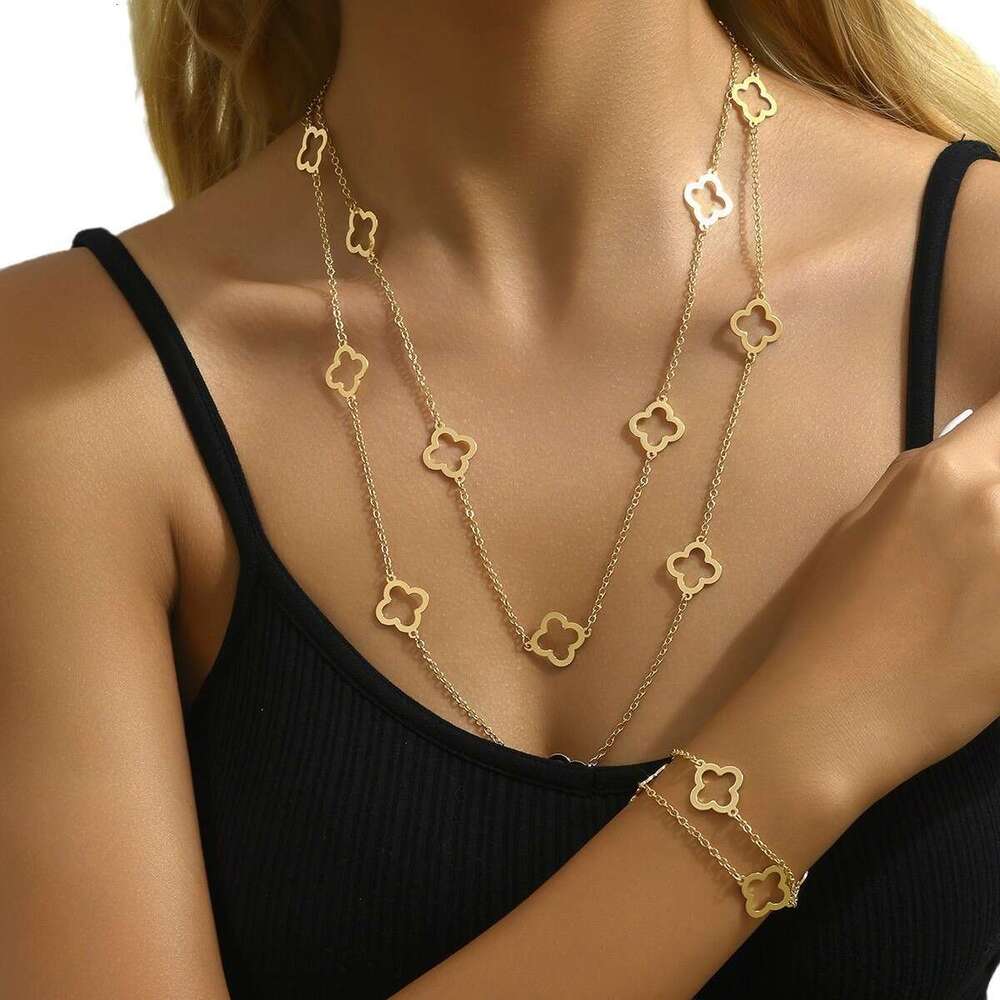 Fashion Trend Hollow Four-Leaf Flower Long Body for Women Simple Versatile Elegant Necklace
