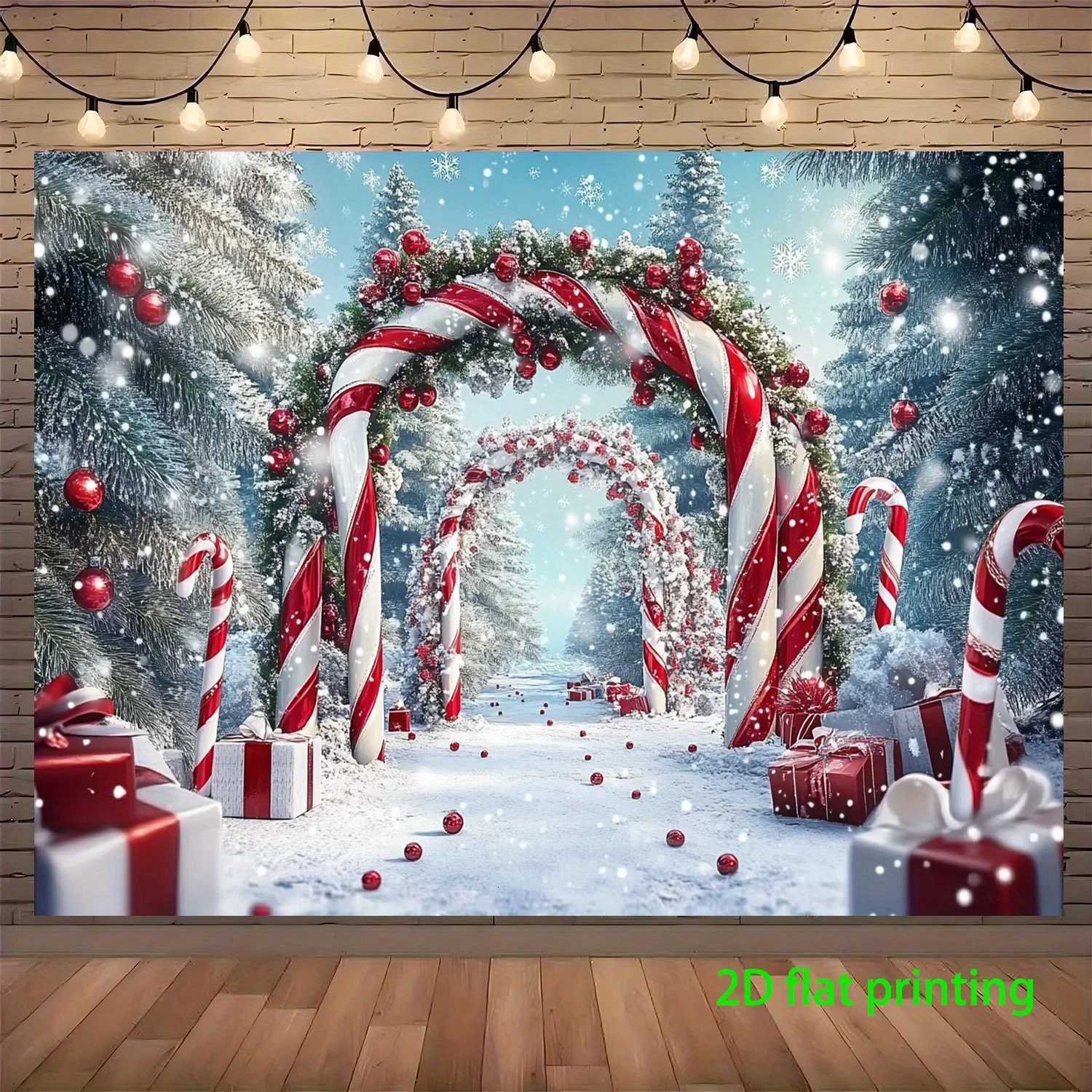 1 Piece Pink Winter Wonderland Background Tapestry Christmas Decoration with Candy Cane Christmas Tree and Snowy TrailHome DecorM251125