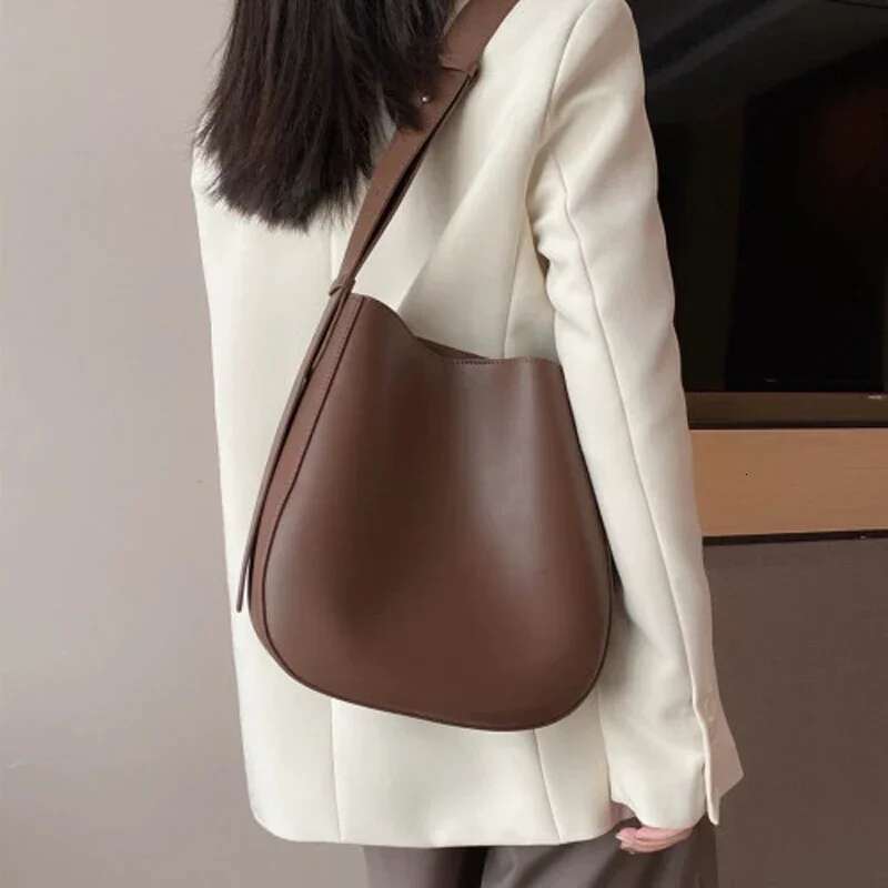 Designer Bag Minimalist Japan Korean Style Solid Color Bucket Tote Dark Brown Cowhide Leather Women Shoulder Winter Crossbody Bag