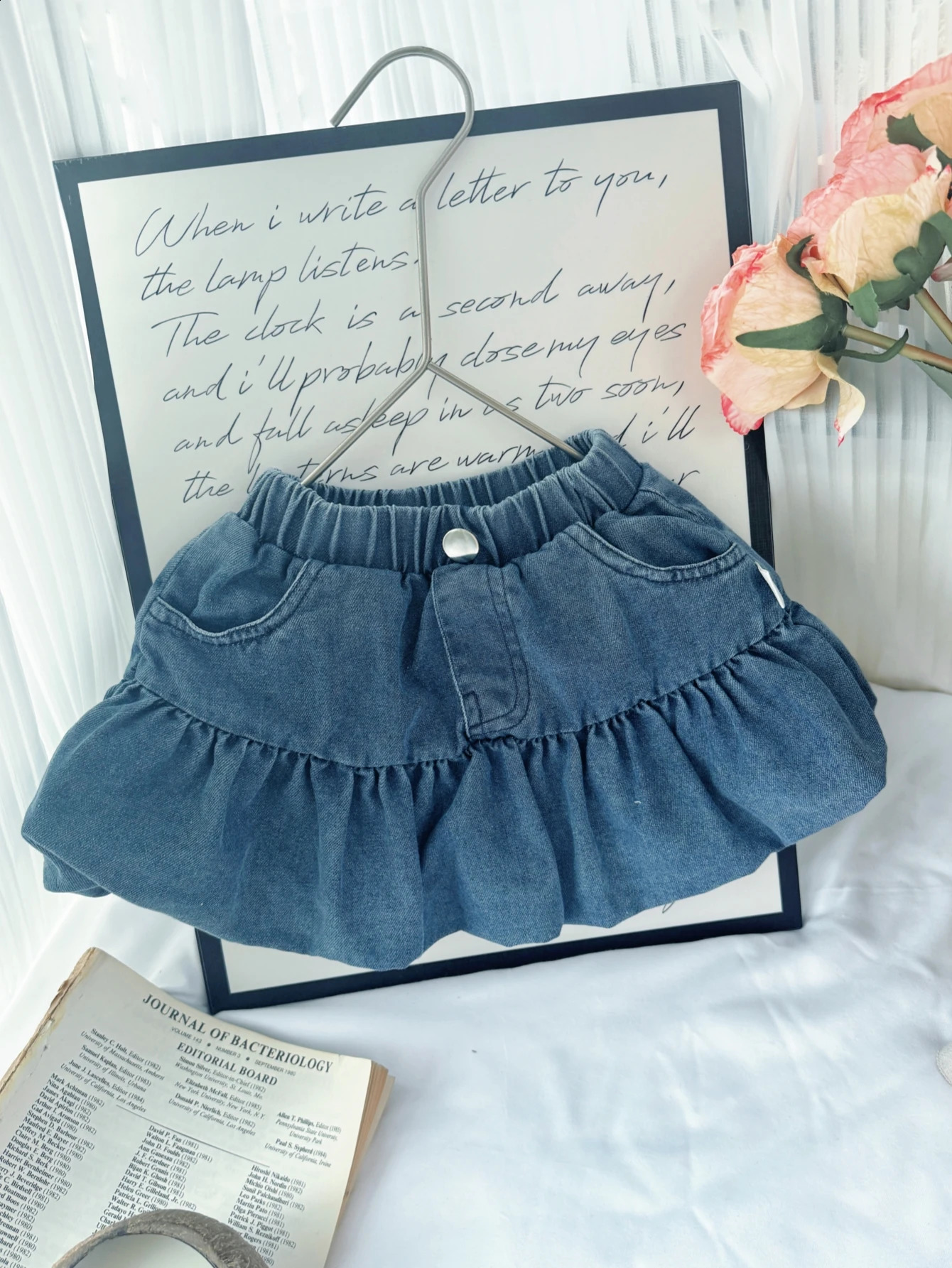 Korean Style Spring Childrens Clothing Retro Denim Solid Color Polka Dot Half Short Skirt Suitable for Girls Flower Embroidery 250424