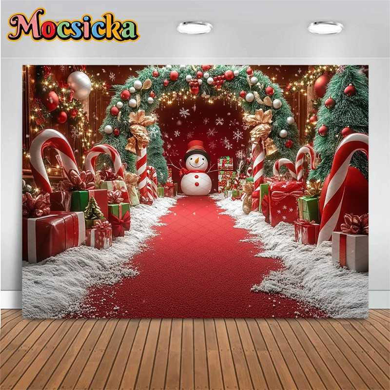 Mocsicka Christmas Background Photography New Year Candy Door Tree Red Carpet Decoration Winter Snowman Photo Backdrop WallpaperM251125