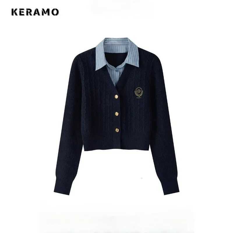 2024 Spring Autumn Preppy Style Badge Embroidery Knitted Cardigan Women Single Breasted Fake Two Pieces Long Sleeve Sweater CoatT251125