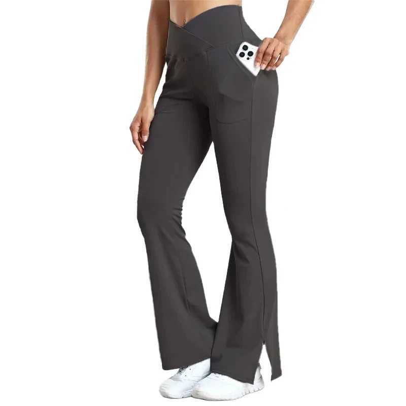 Womens yoga Flare Pants with pockets crossed waist sport waist hip lift workout tight fit split hem activity suitC250425