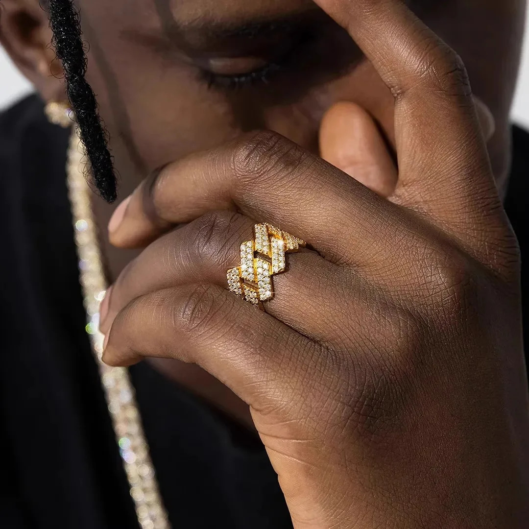 TrendMen Hiphop Rock Cuban Link Chain Zirconia Copper Rings For Men Boys Gold Color Metal Crystal Fingers Party Jewelry Gifts 250425
