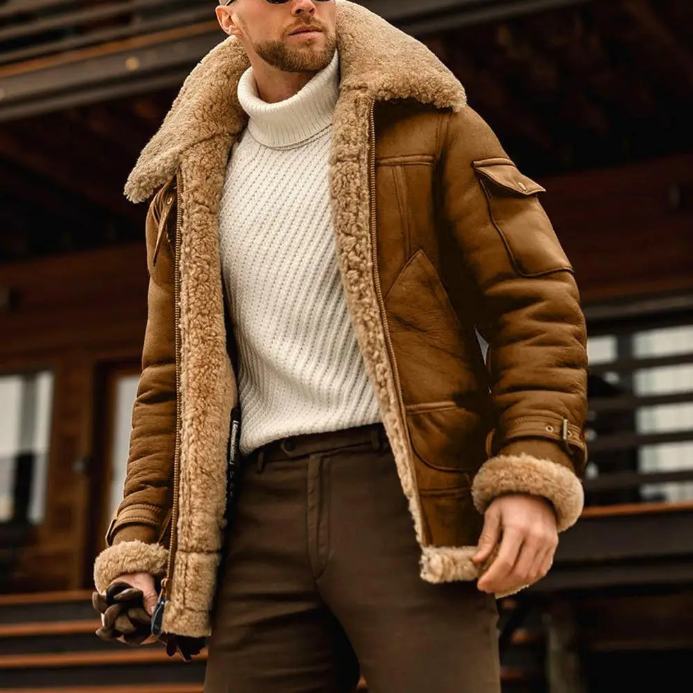 Faux Fur Leather Men Jacket Thickened Plush Lining Winter Jackets Vintage Lapel Furry Coldproof Keep Warm Coat 251125 - view 5