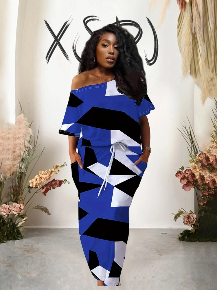 Two piece set of womens plus size summer clothing sloping shoulder T-shirt and elastic waist dress womens casual set 250422