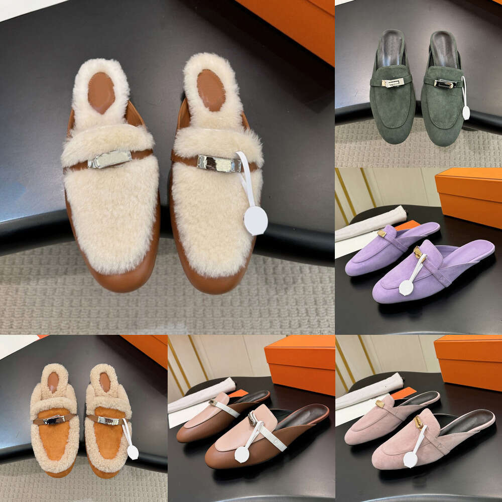 Luxury mule fur slide Half slipper Classic kelly Buckle flat Suede Shearling Lamb Wool Winter Warm fur slipper Designer shoe Woman Fashion Casual Cowhide slipper