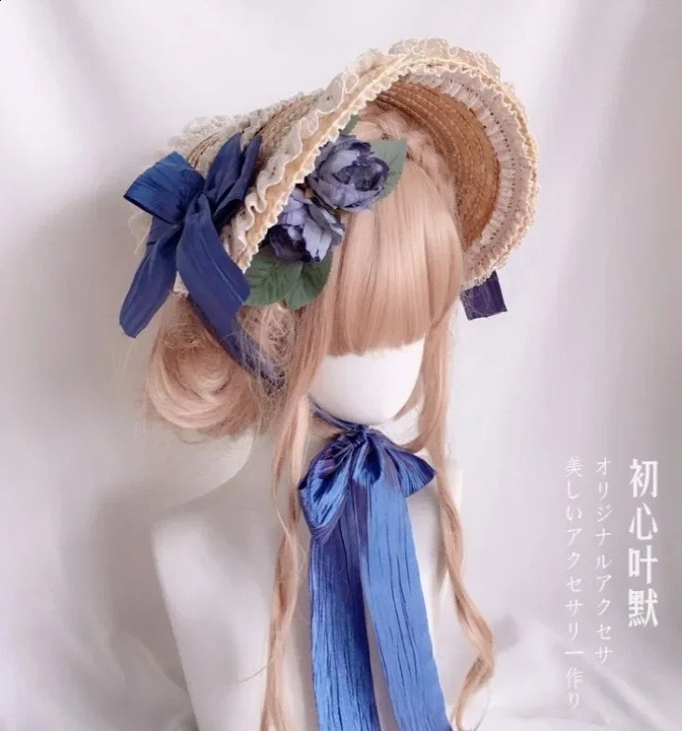 Lolita Girls Elegant Lace Flowers Straw Hat Multi Colored Bonnet Flat Hat 250420