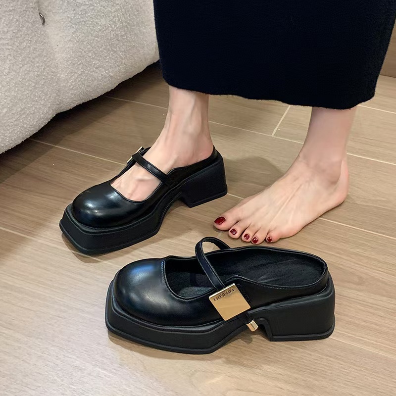 Womens Elegant Summer French Mary Jane Thick Heel hot Metal New Buckle British Style Flat Shoes For Commuting 240705