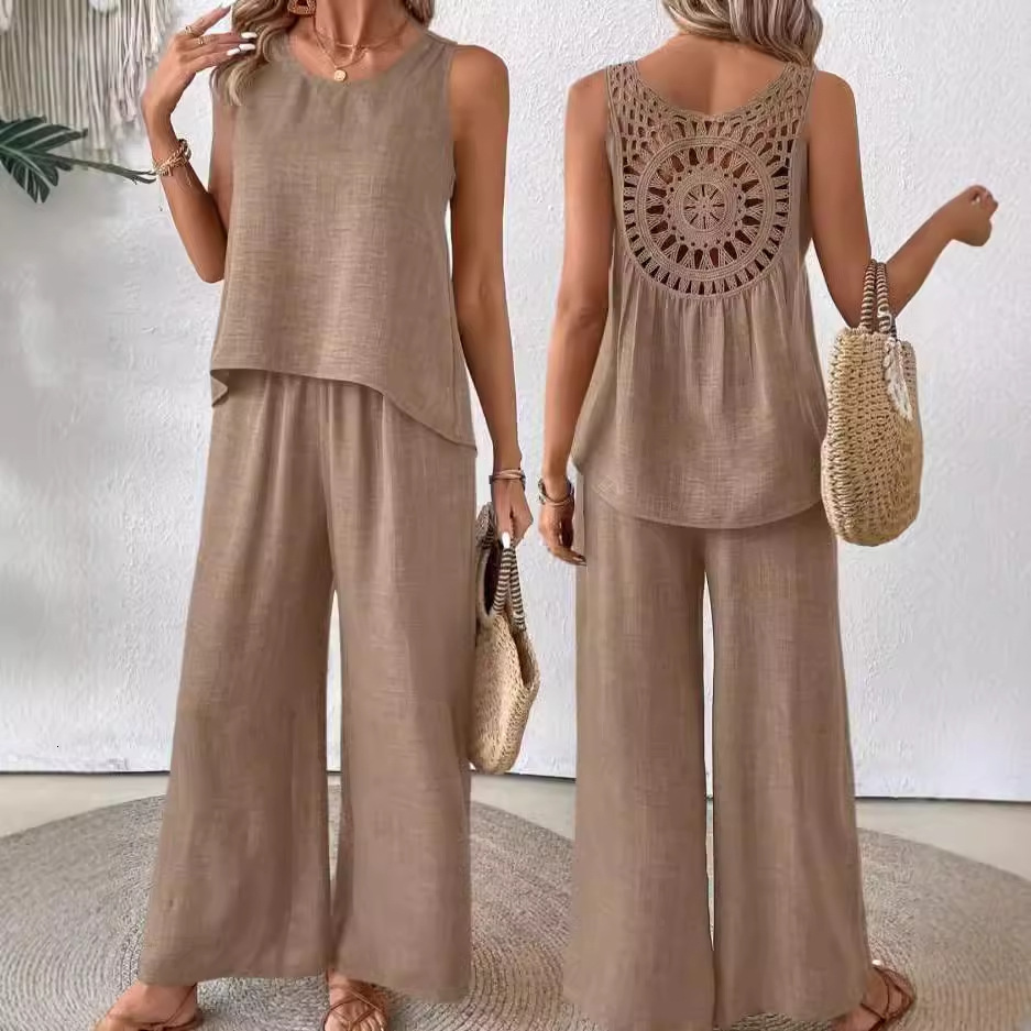 2024 New Summer Sleeveless Solid Color Back Hollow Lace Set for Women