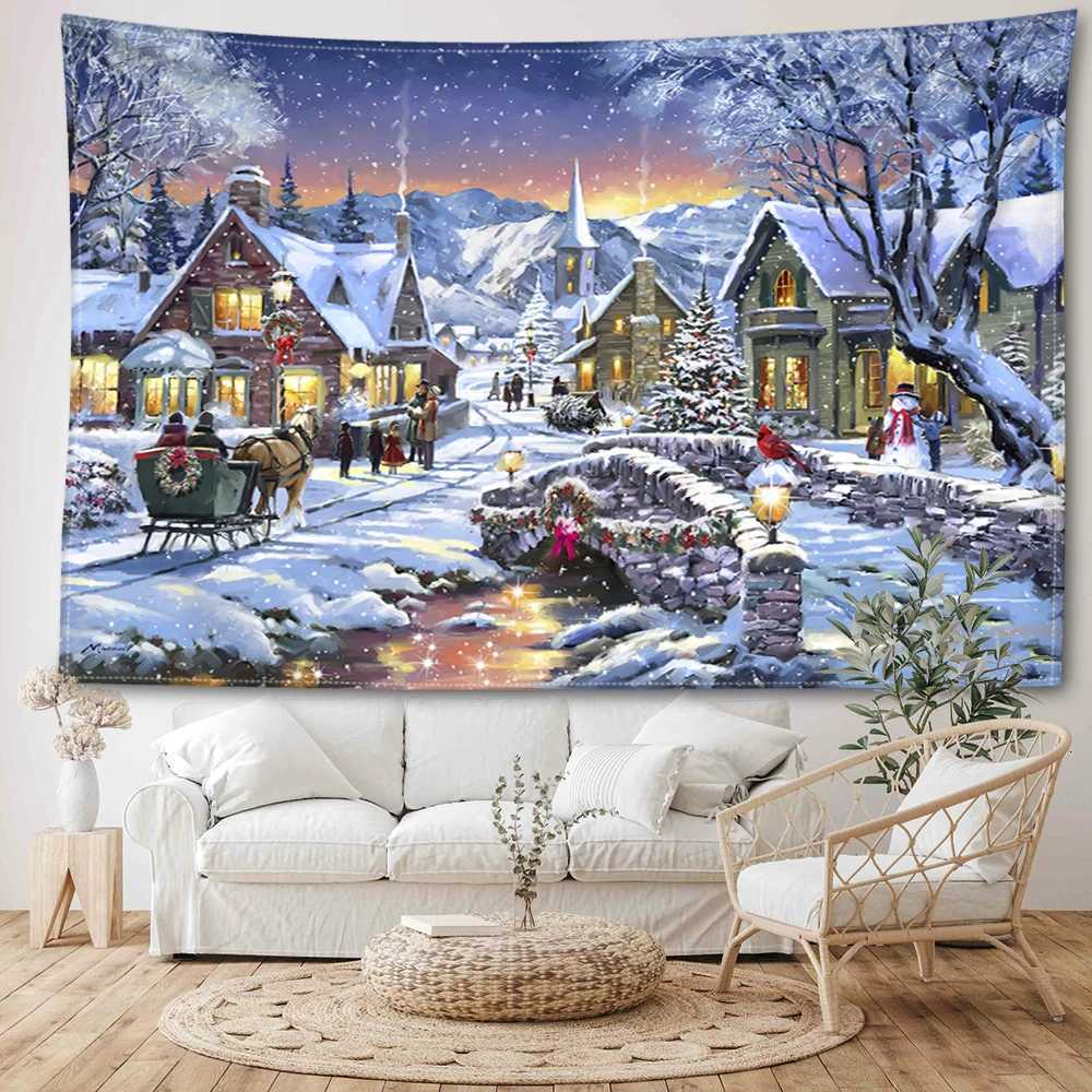 Christmas Snow View Carriage Tapestry Wall Hanging Bohemian Festival Gifts Art Landscape Bedroom Living Room Home DecorM251125