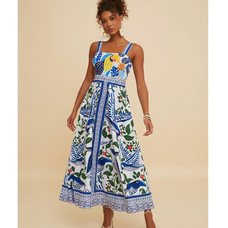 Beach Resort Dresses: Women's Bohemian Summer Dress - Tropical Printed Long Skirt for Casual Beachwear, Leisure, and Vacation Style C260312