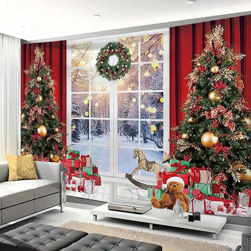 Christmas Tapestry Wall Hanging Cloth Xmas Tree Winter Window Decorative New Year Decor Snow Scene Background Cloth TapestriesM251125
