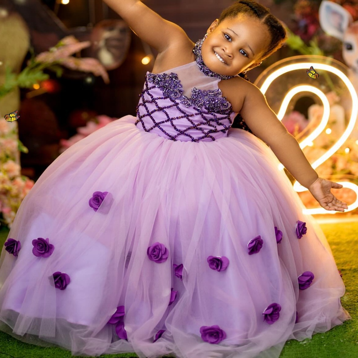 2026 Lilac Ball Gown Flower Girl Dresses Flowers Beaded Appliques Tulle Halter Little Girl Christmas Peageant Birthday Christening Tutu Dress Gowns ZJ