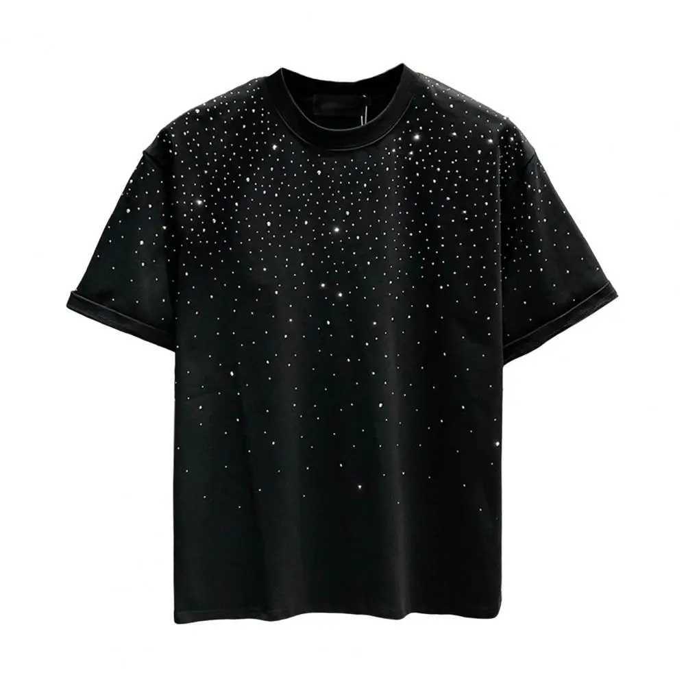 Summer Rhinestone Rivet Mens T-shirt Round Neck Casual T-shirt Fashion Street 2024 Mens Summer Short Sleeve W250425