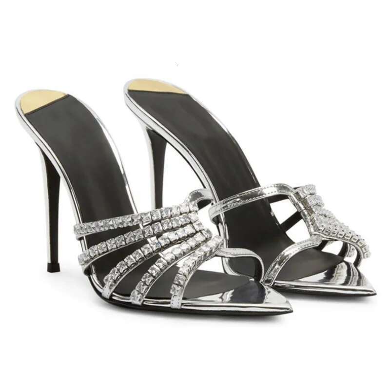Summer's new open-toe pointed rhinestone mesh one-line belt fashion slippers high-heeled dress outerwear large size women sandal