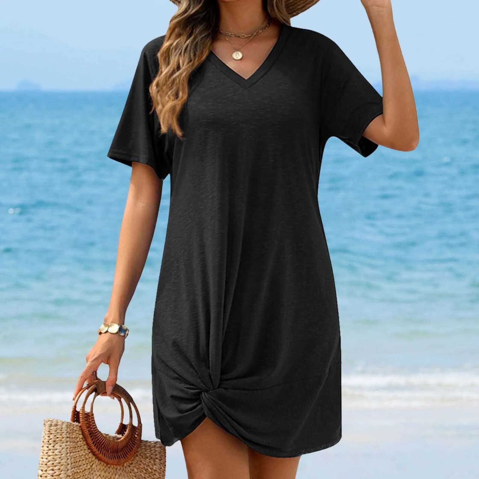 Dongdumaoyi Women S Short Sleeve Soft Dress Summer Fashion Simple V Neck Pullover T Shirt Solid Color Lightweight Casual Beach