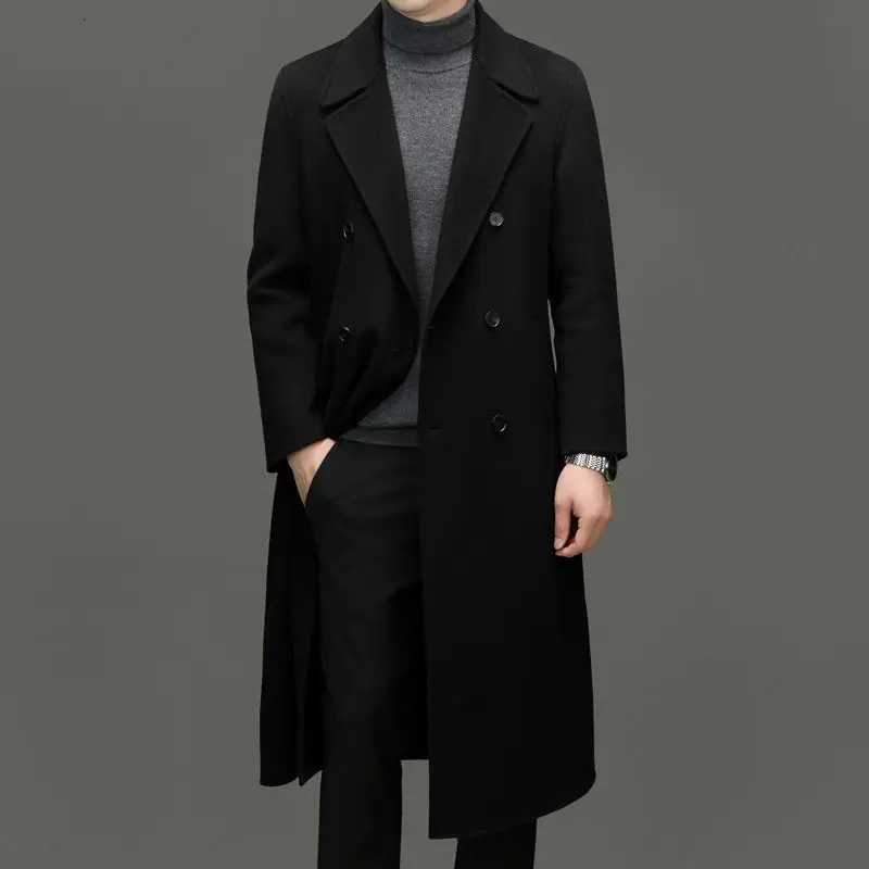 Mens Long Double Faced Wool Coat Over Knee Double Breasted Wool Trench Outerwear for Autumn WinterT251125