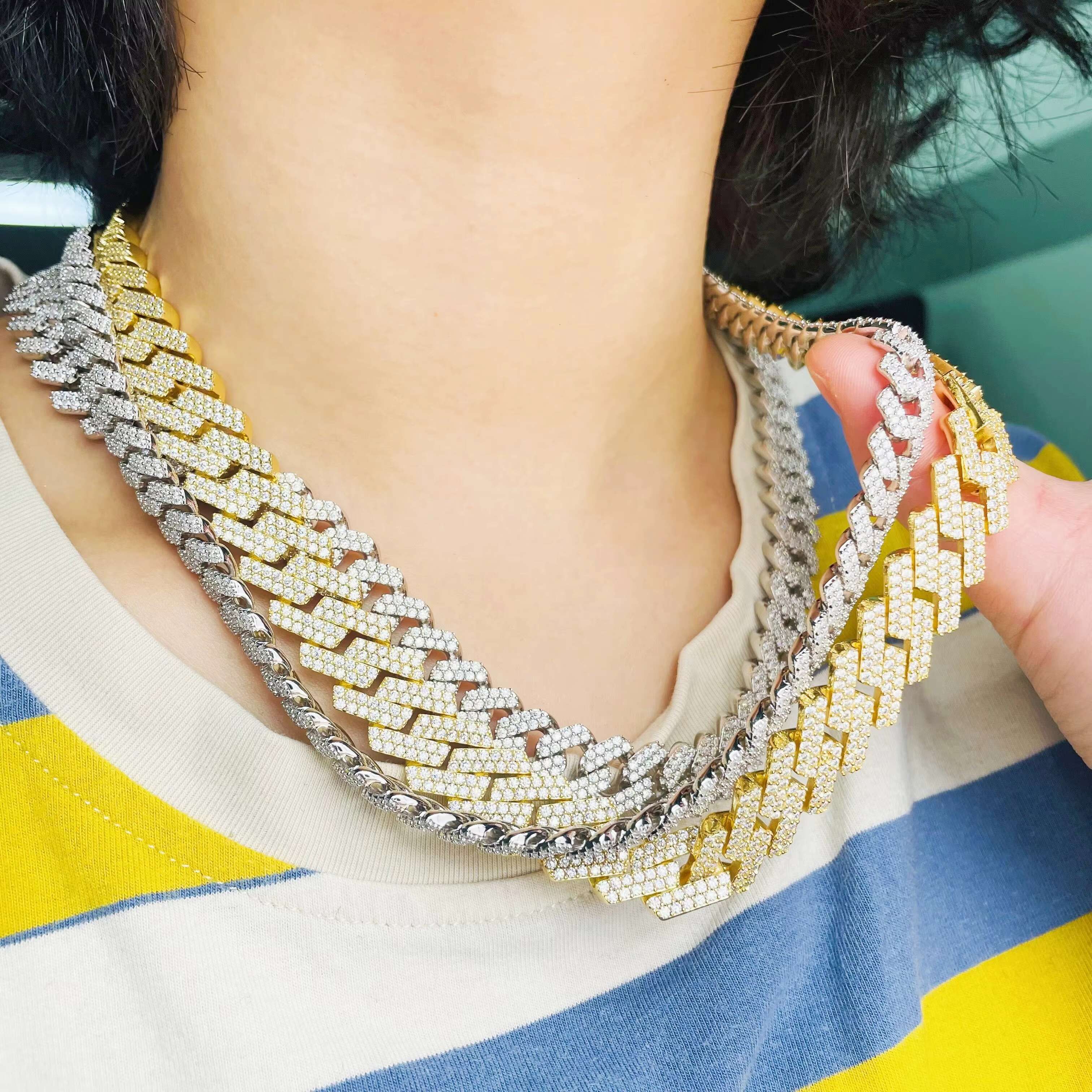 Hand Setting Moissanite Jewelry 10mm 12.3mm 15mm Hiphop Chain S925 Iced Out Two Rows VVS Diamond Cuban Link Chain