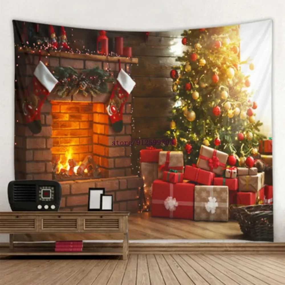 Home decoration christmas tapestry snowflake santa winter night fireplace print wall decoration tapestry 230x180cm tapizM251125