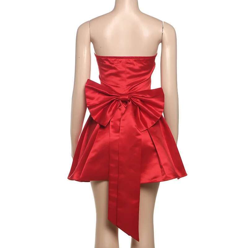 Dongdumaoyi Townlike Waist Wrap A Line Pleated Christmas Dress Women Mini Spring Summer Bow Backless Nightclub Sexy Party Dresses
