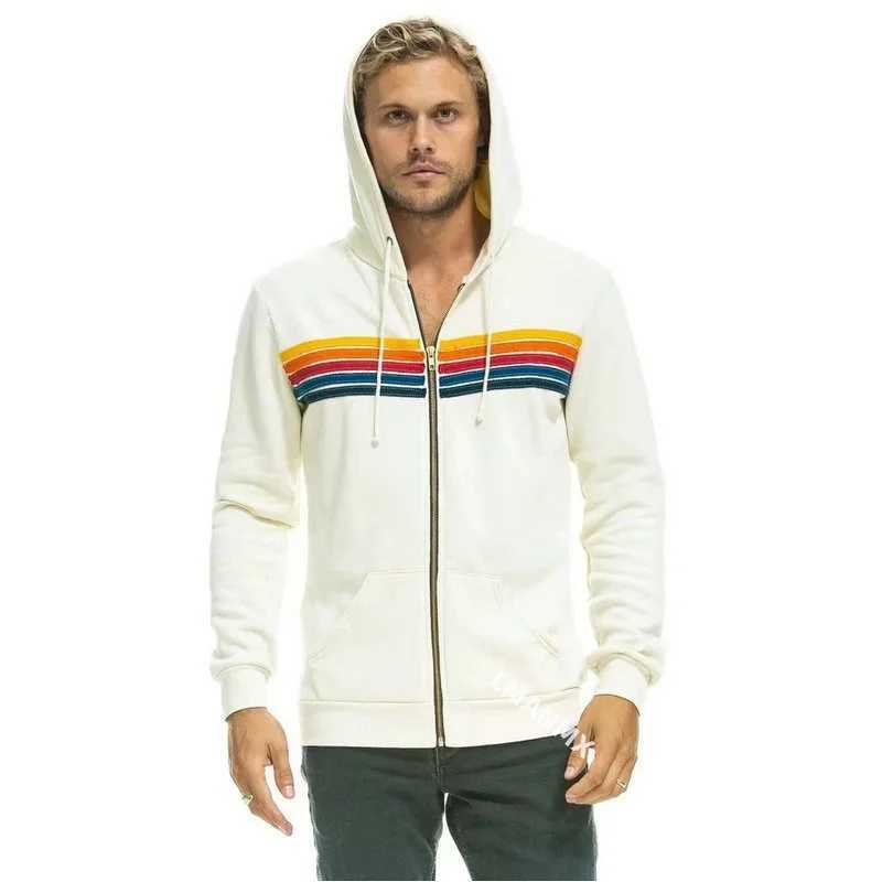 Mens hooded jacket new casual rainbow hooded sweatshirt fashionable zipper striped cardigan womens hooded sweatshirt M250425