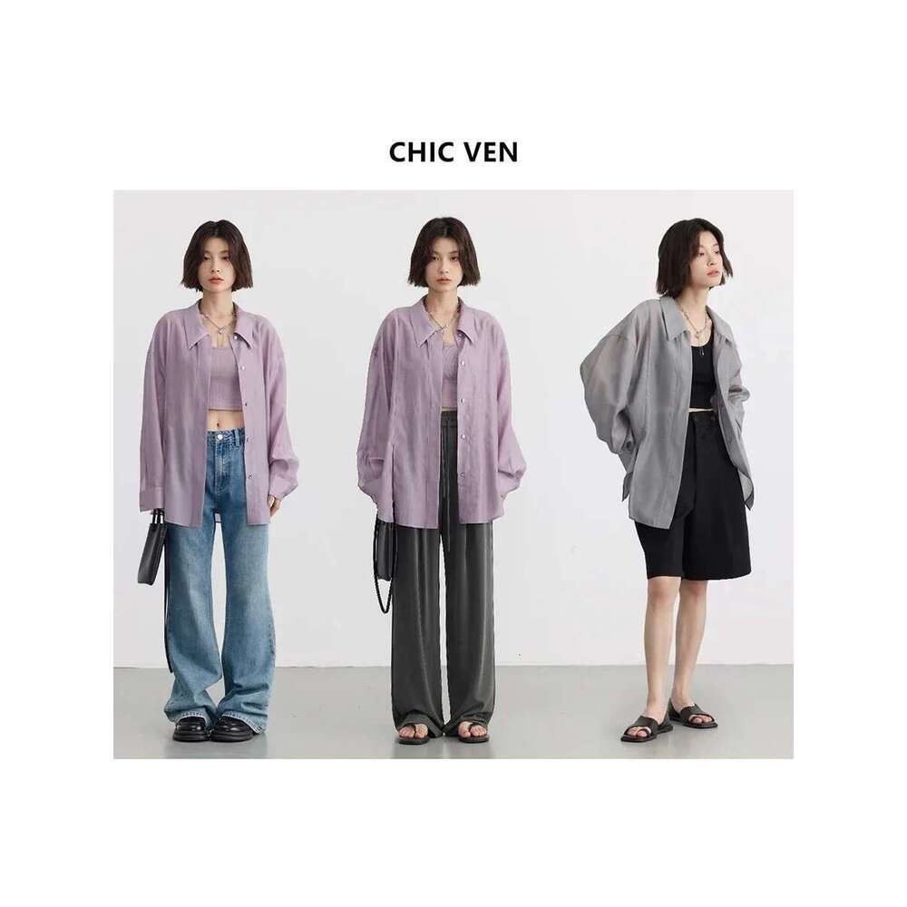 CHIC VEN Women Thin Shirt Long Sleeve Casual Loose Slightly Transparent Cool Blouses Woman Solid Design Female Top Summer 2024